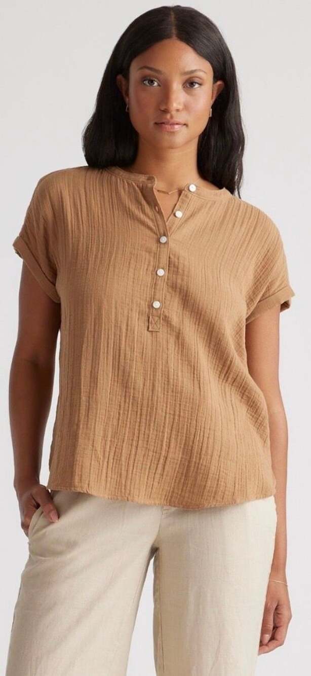 Quince Organic Cotton Gauze Roll Sleeve Shirt Large Toasted Coconut Brown